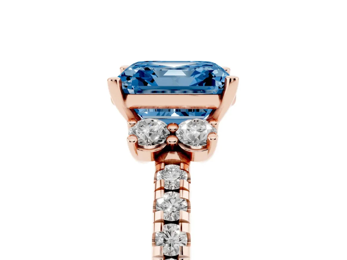 Fancy Blue Asscher Cut Diamond Three-Stone Pave Band with Four-Prong Setting Rose gold