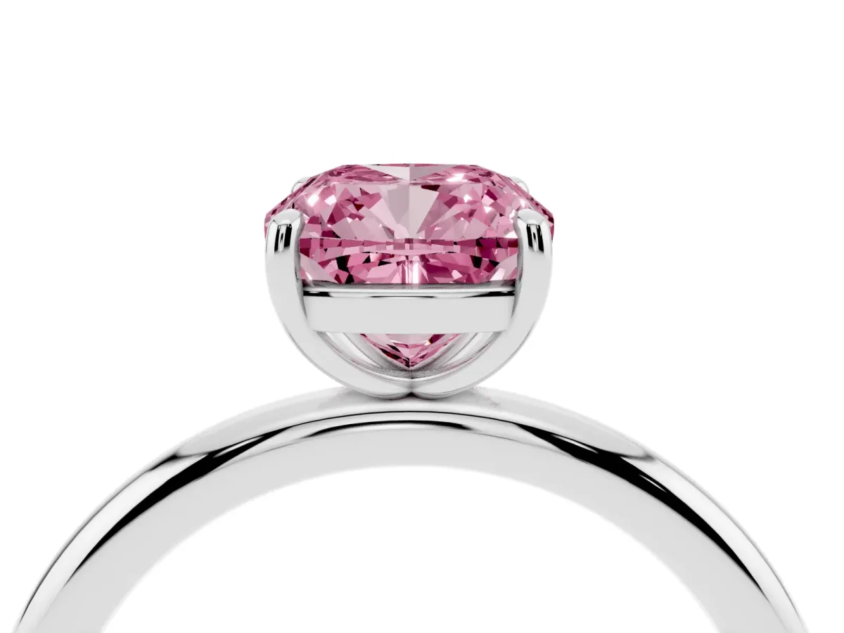 Fancy Pink Cushion Cut Solitaire Diamond Ring with Four-Prong Setting on a Plain Band Silver