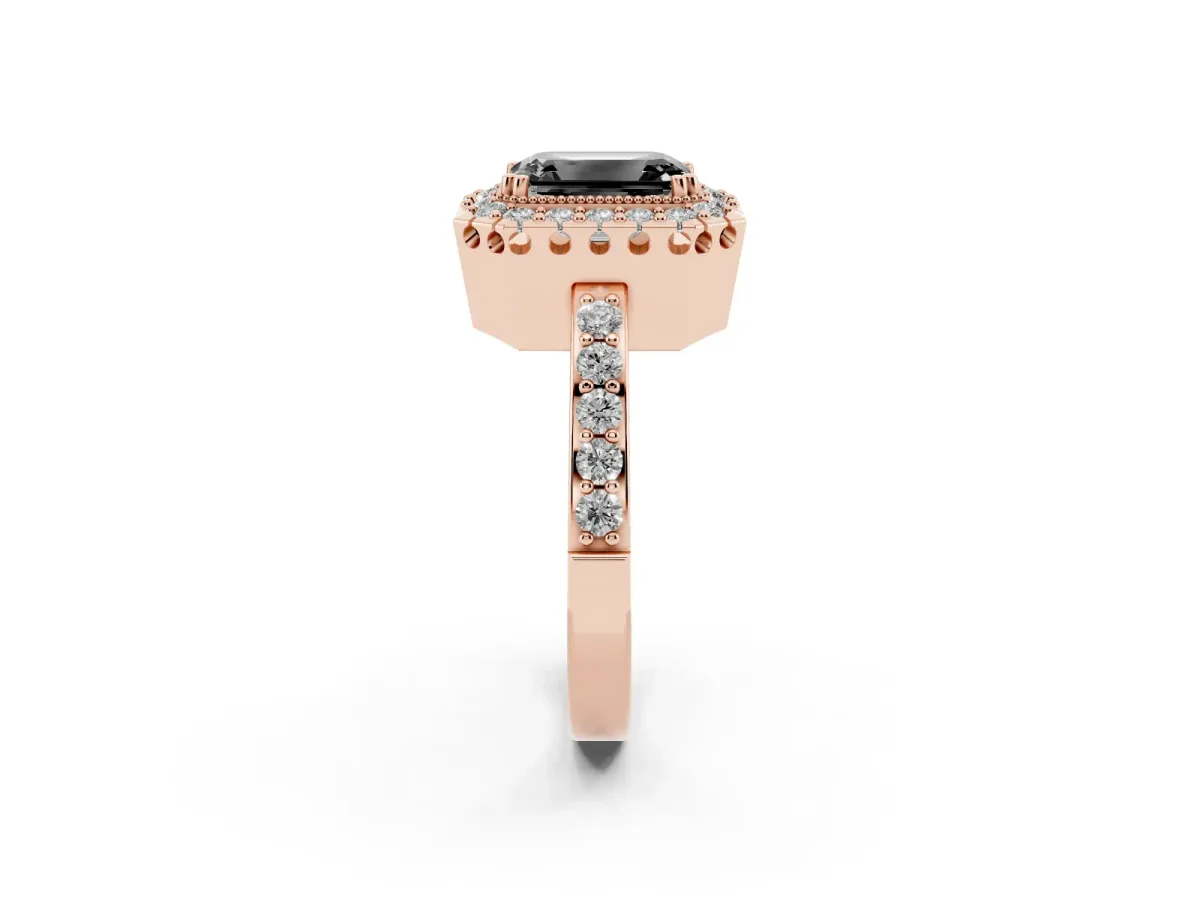 Fancy Black Emerald Cut Diamond Halo Ring with Pavé Band and Prong Setting Rose gold