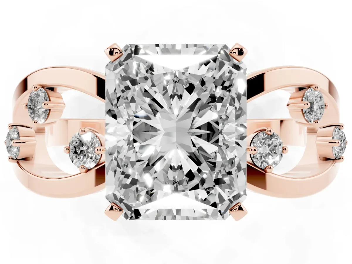 Radiant Cut Cut Solitaire Diamond with Side Stones on Criss-Cross Band and Four-Prong Setting Rose gold