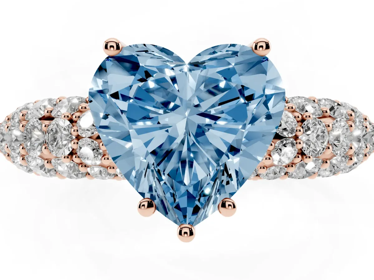 Fancy Blue Heart Cut Diamond Pavé Band Solitaire Ring with Four-Prong Setting Rose gold