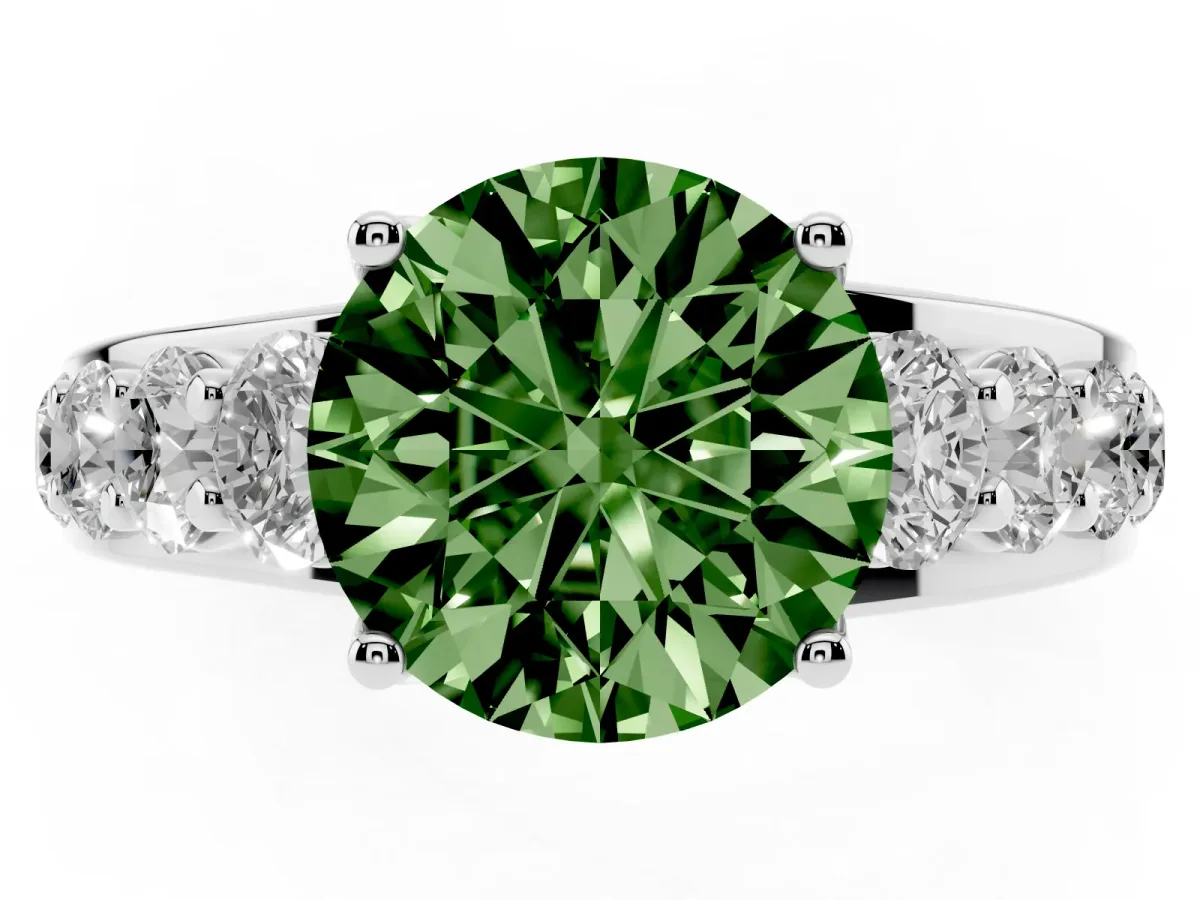 Fancy Green Round Cut Diamond Engagement Ring with Pavé Band and Four-Prong Setting Platinum