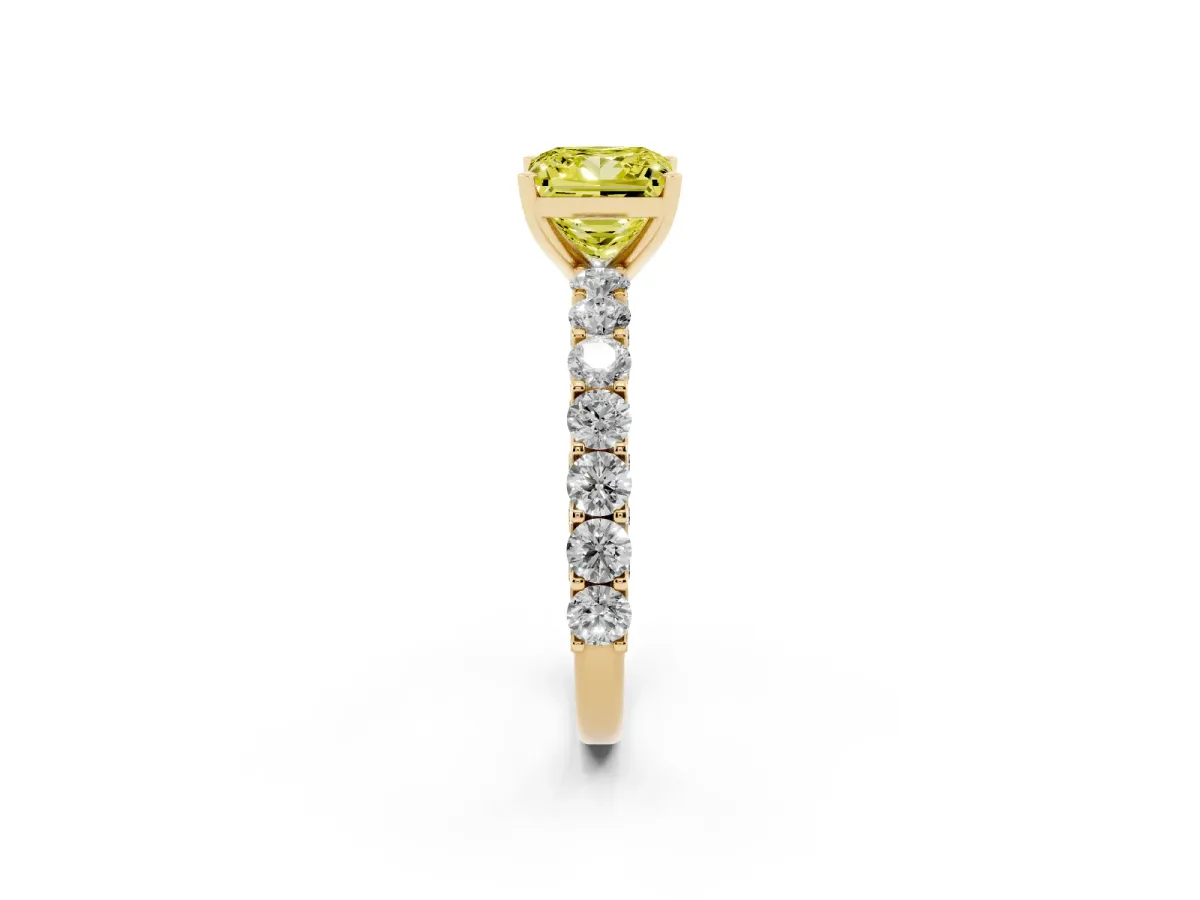 Fancy Yellow Princess Cut Diamond Solitaire Ring with Shared Prong Pavé Band and Four-Prong Setting Yellow gold