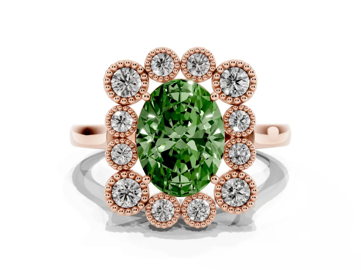 Fancy Green Oval Cut Halo Diamond Cluster Engagement Ring with Milgrain Bezel Setting and Solitaire Band Rose gold