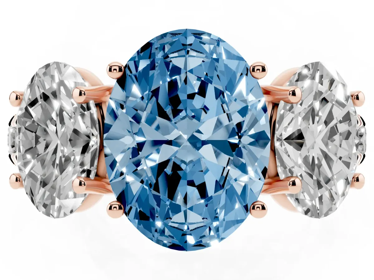 Fancy Blue Three-Stone Oval Cut Diamond Pavé Band with Prong Setting Rose gold