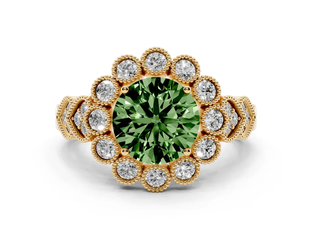 Fancy Green Round Cut Brilliant Milgrain Pave Heart Band Solitaire Ring Yellow gold