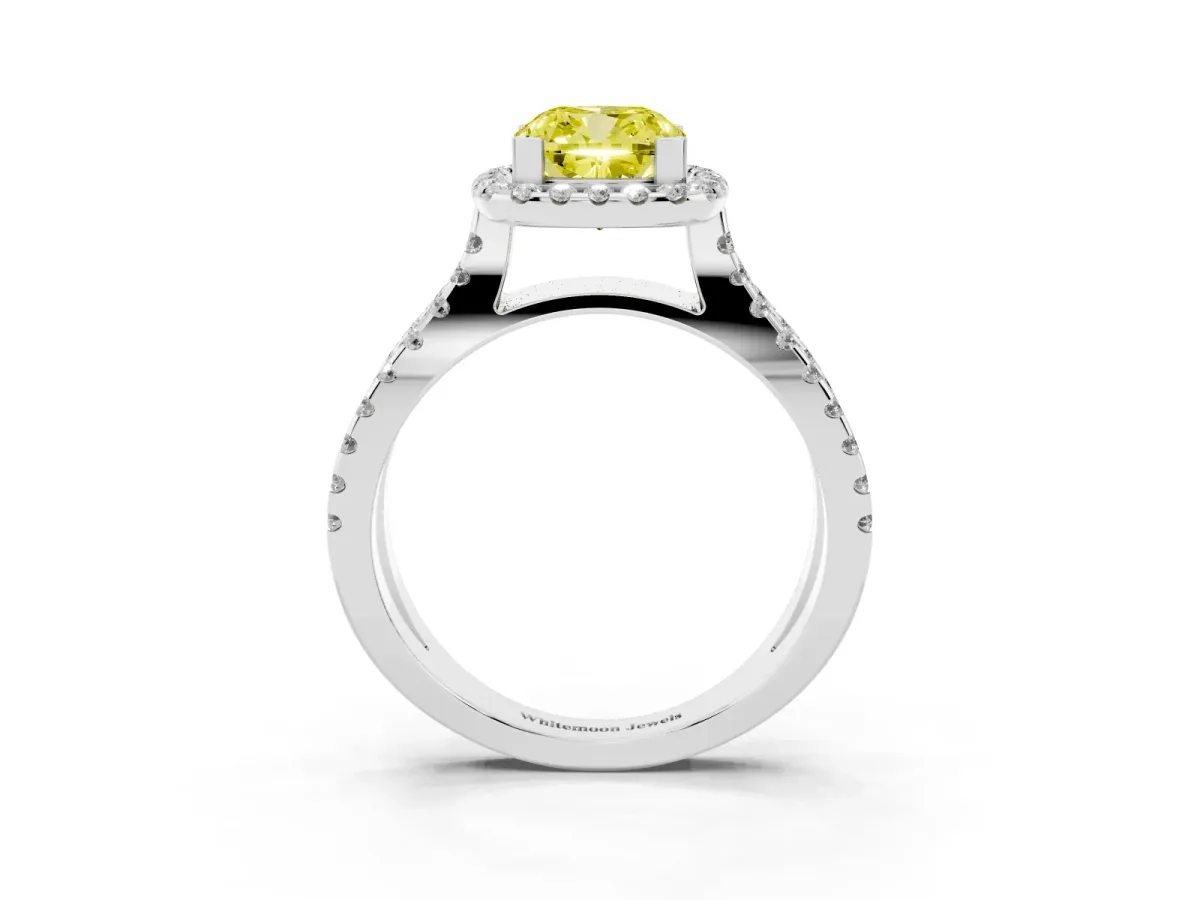 Fancy Yellow Cushion Cut Diamond Halo Ring with Split Shank Pavé Band and Prong Setting Platinum