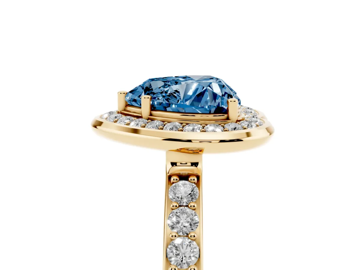 Fancy Blue Heart Cut Diamond Halo Ring with Bezel Frame and Pavé Band Yellow gold