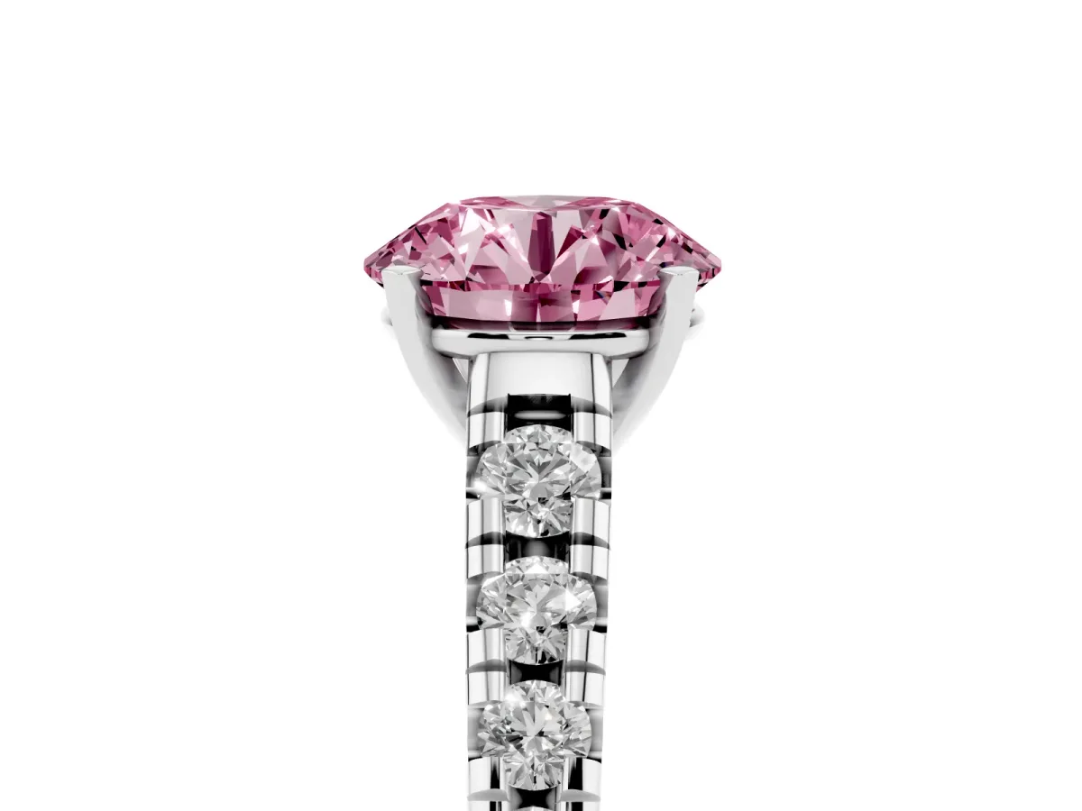 Fancy Pink Round Cut Diamond Cathedral Solitaire Ring with Round Pavé Band Silver