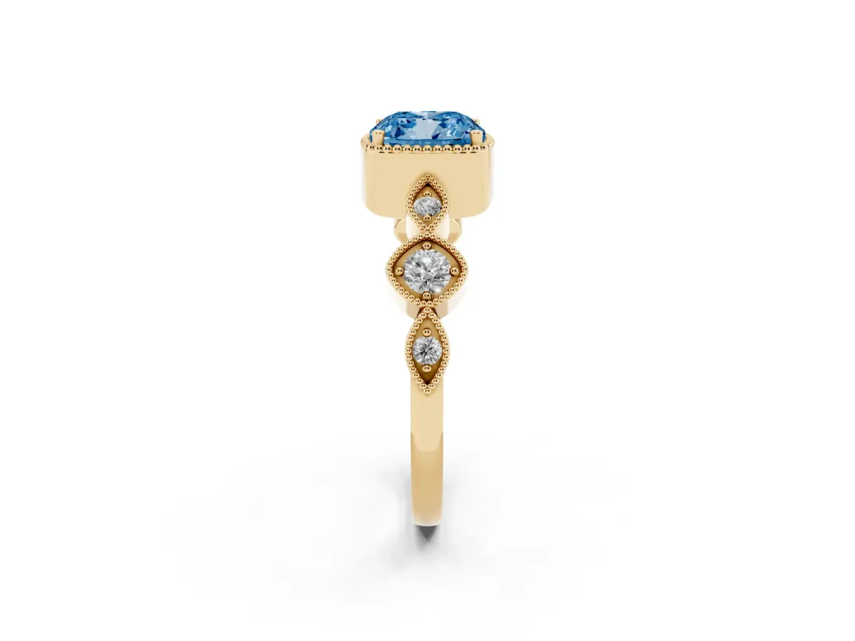 Fancy Blue Cushion Cut Diamond Vintage Milgrain Ring with Round Stations Yellow gold