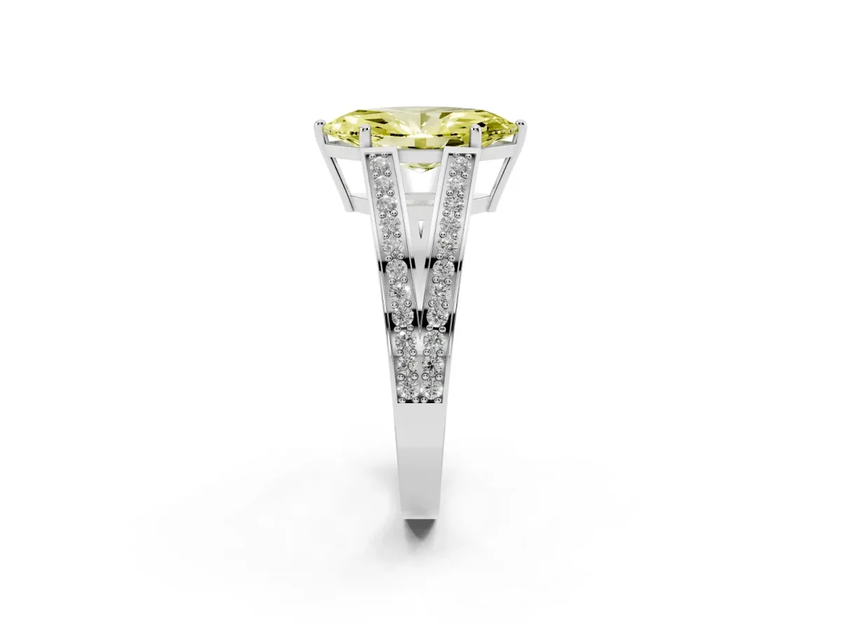 Fancy Yellow Marquise Cut Diamond Split Shank Ring with Pavé Band and Four-Prong Setting Platinum