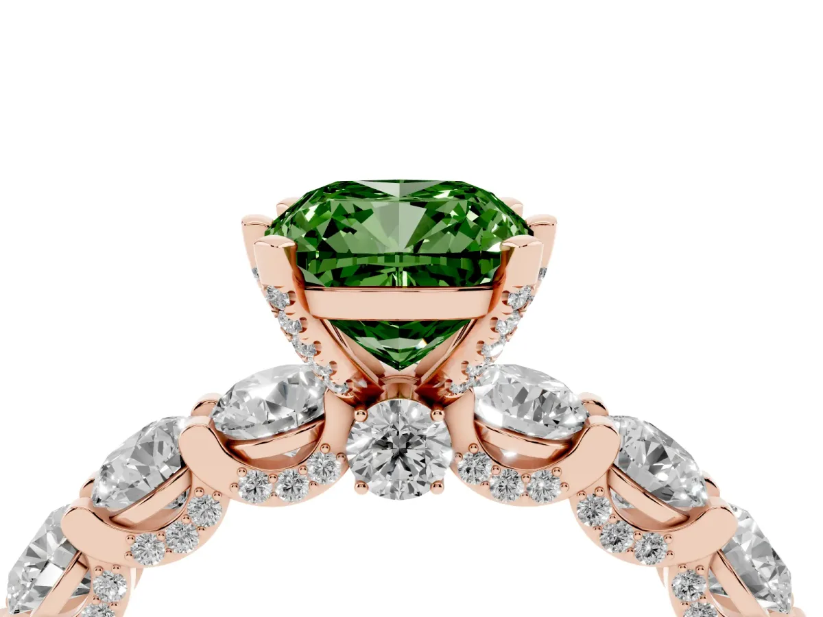 Fancy Green Cushion Cut Diamond Side Stone Engagement Ring with Four-Prong Setting Rose gold
