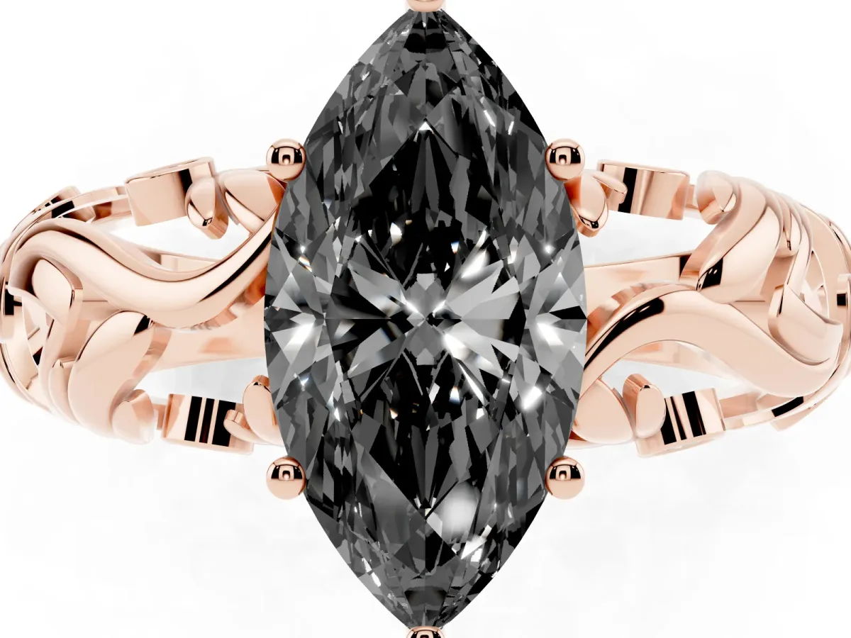 Fancy Black Marquise Cut Solitaire Diamond Leaf-Inspired Vine Band Ring with Prong Setting Rose gold