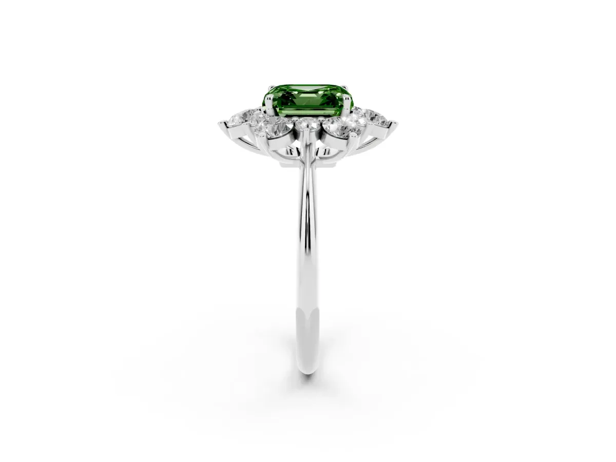 Fancy Green Asscher Cut Diamond Cluster Halo Ring with Solitaire Band and Four-Prong Setting White gold