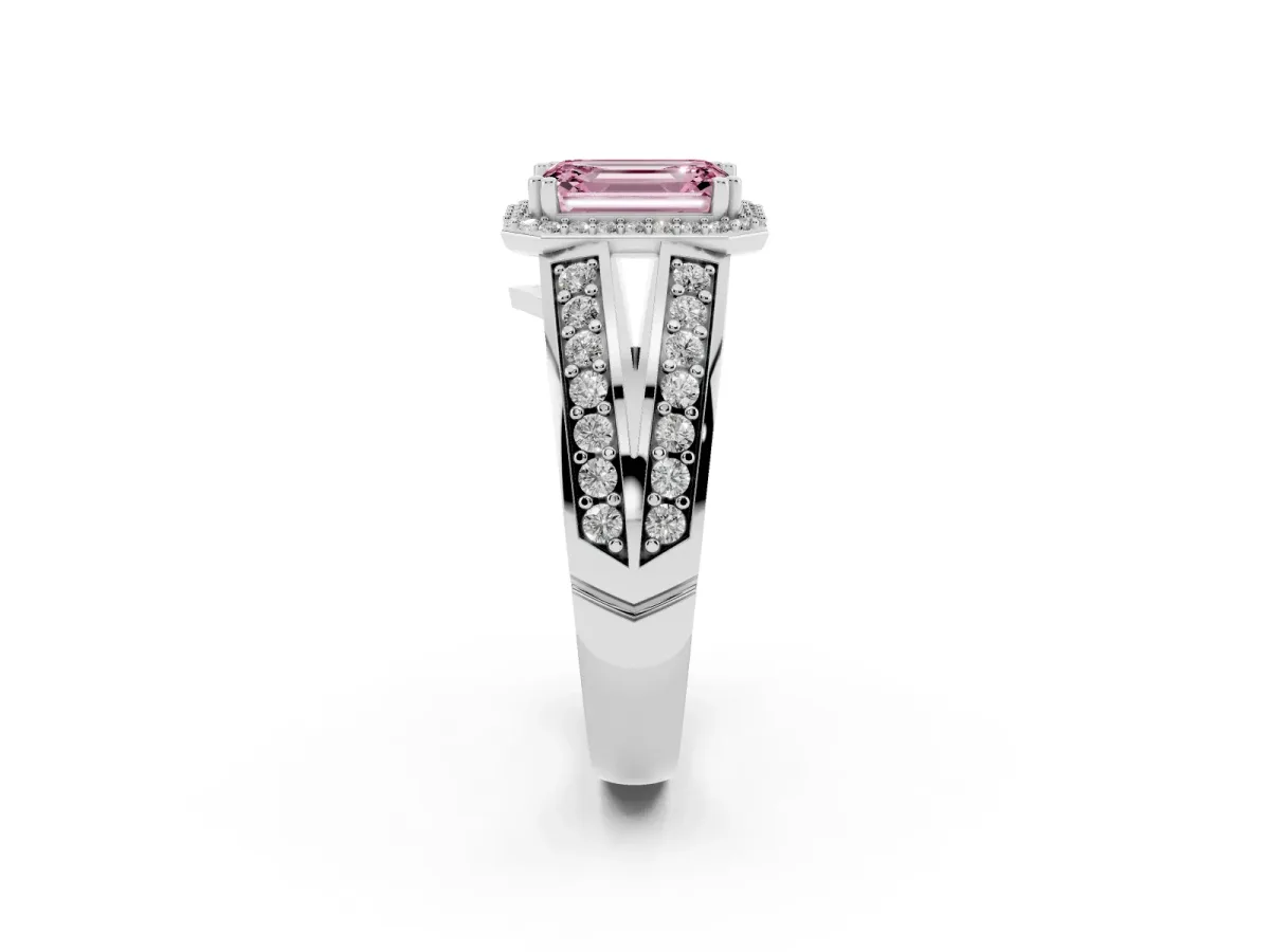 Fancy Pink Emerald Cut Diamond Halo Ring with Split Shank Pavé Band and Four-Prong Setting White gold