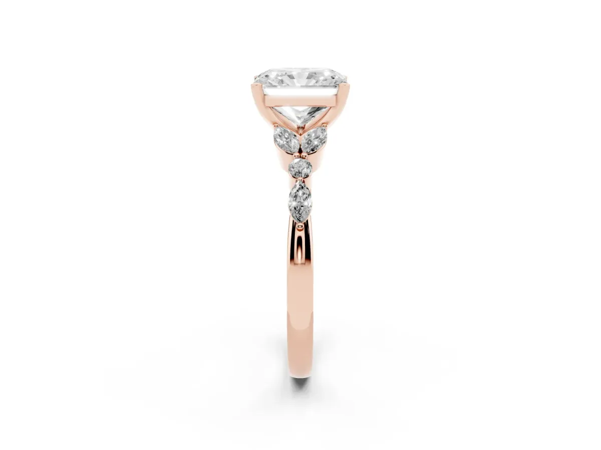 Radiant Cut Diamond Solitaire Ring with Side Stones and Four-Prong Setting Rose gold
