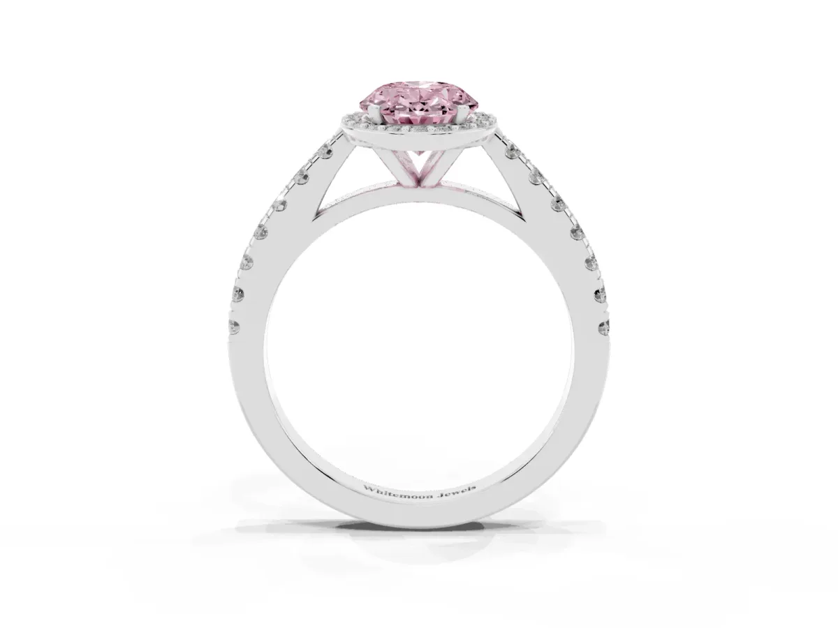 Fancy Pink Oval Cut Cut Halo Diamond Engagement Ring with Pave Band and Four-Prong Setting Silver