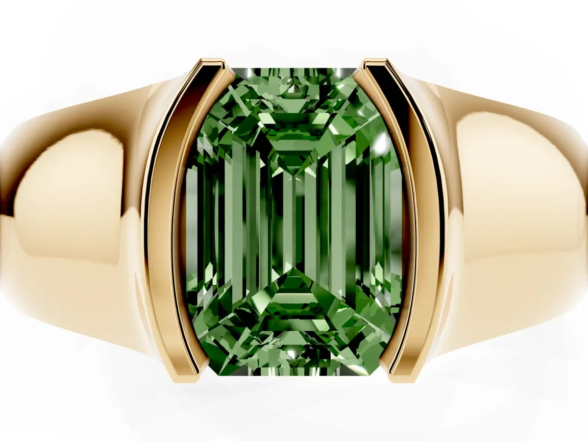 Fancy Green Emerald Cut Solitaire Bezel Set Diamond Ring with Wide Band Yellow gold