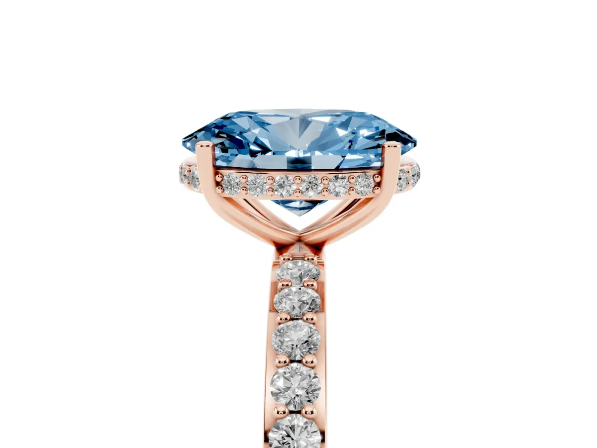 Fancy Blue Oval Cut Diamond Solitaire Ring with Pavé Band and Hidden Halo Rose gold
