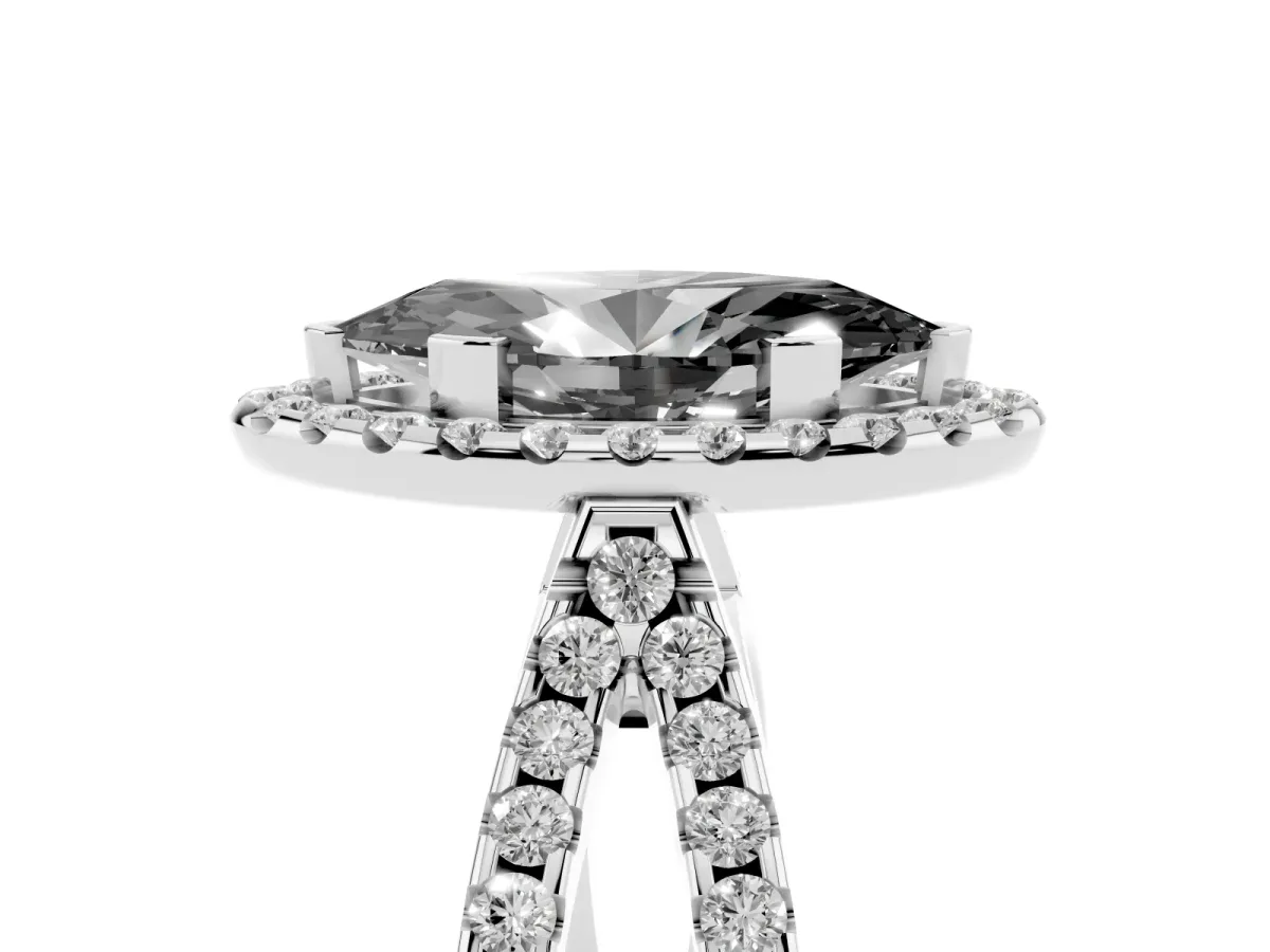 Fancy Black Marquise Cut Diamond Halo Ring with Split Shank Pavé Band and Prong Setting Silver