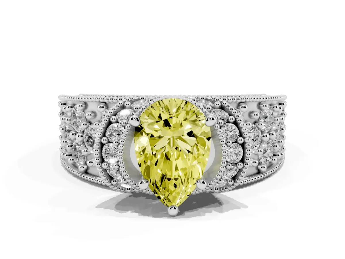 Fancy Yellow Pear Cut Halo Pave Diamond Engagement Ring with Milgrain Detailing Silver