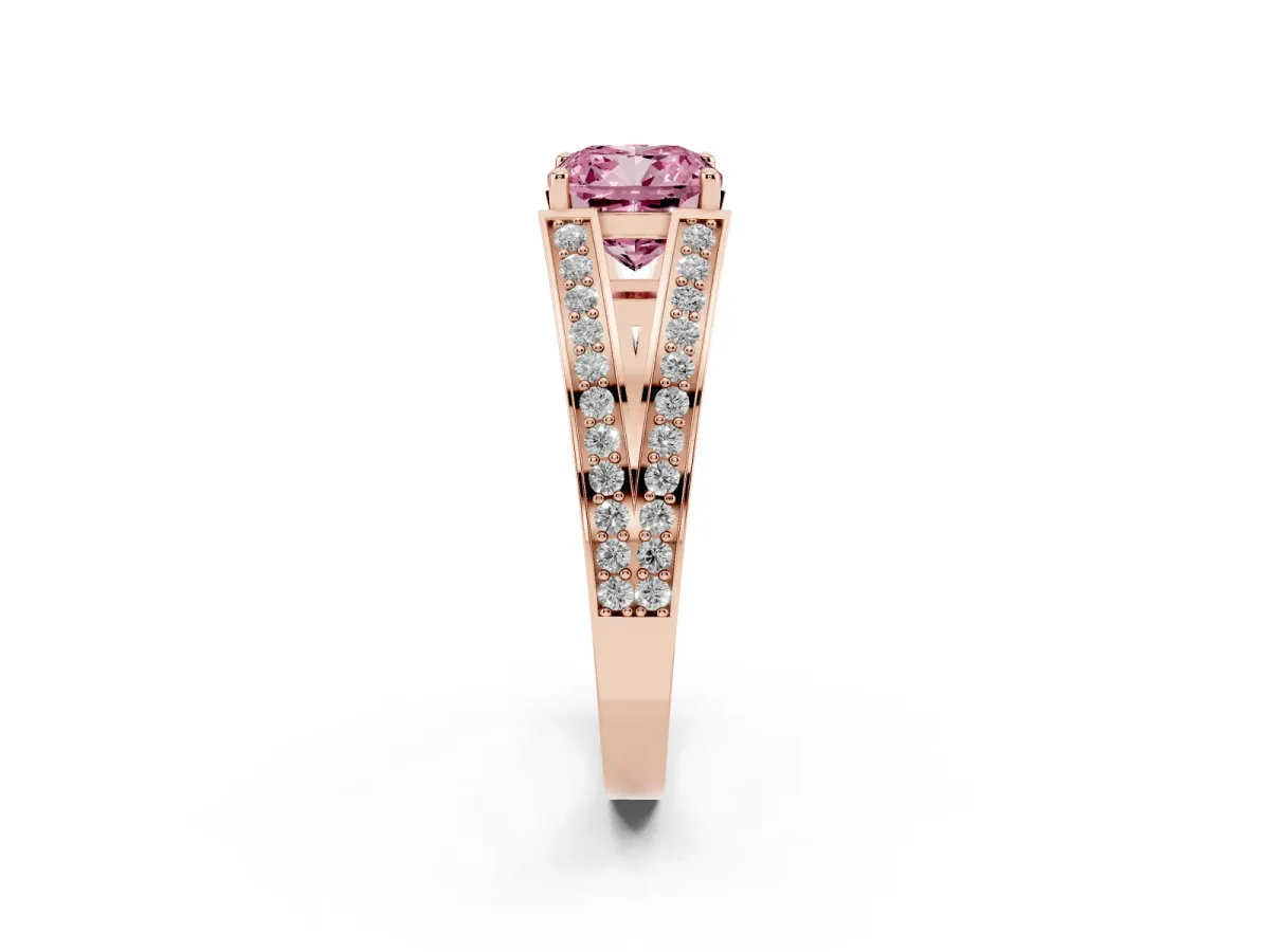 Fancy Pink Cushion Cut Diamond Split Shank Ring with Pavé Band and Four-Prong Setting Rose gold