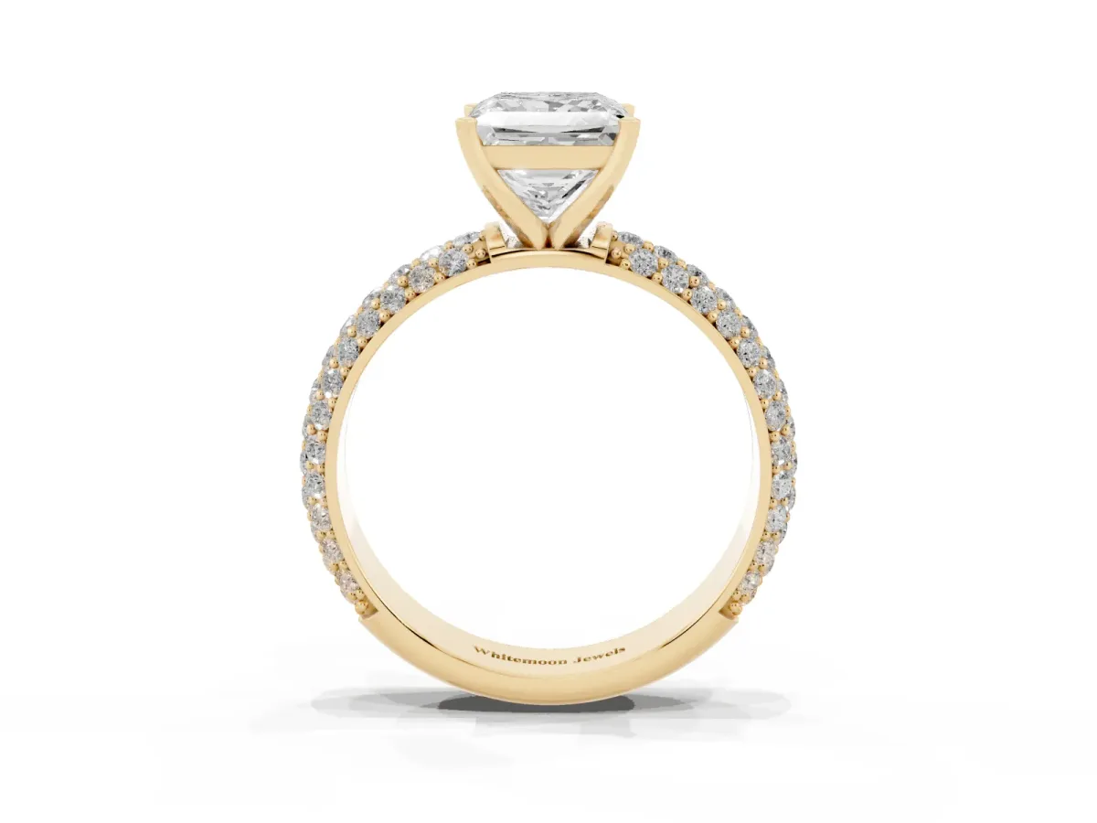 Princess Cut Diamond Solitaire Ring with Prong Setting and Pavé Band Yellow gold