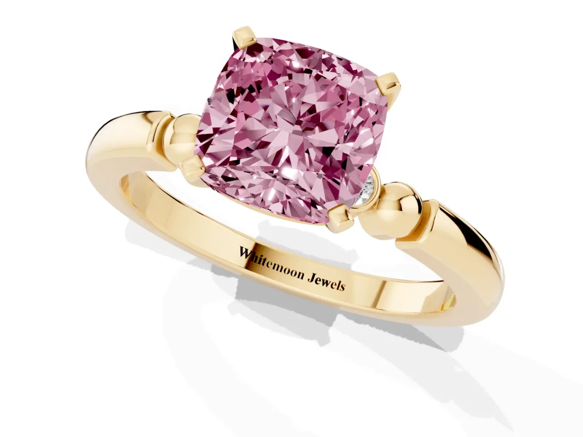 Fancy Pink Cushion Cut Solitaire Beaded Band with Four-Prong Setting Yellow gold