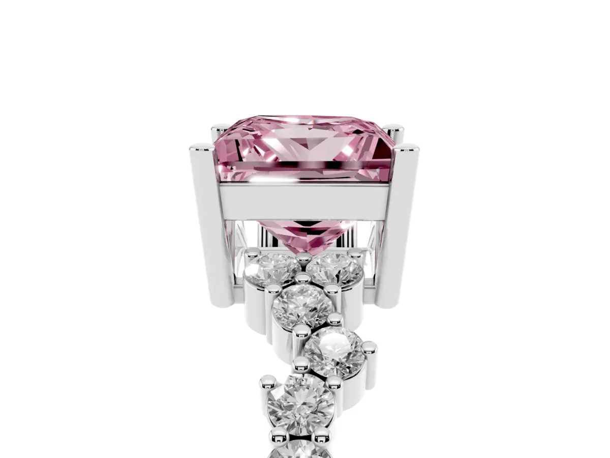 Fancy Pink Princess Cut Diamond Scattered Round Accent Ring with Prong Setting Platinum