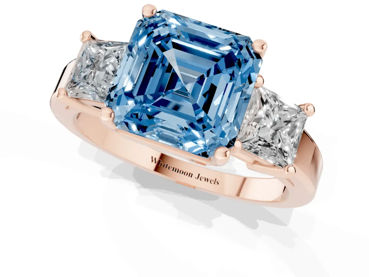 Fancy Blue Three-Stone Asscher Cut Cut Solitaire Ring with Prong Setting Rose gold