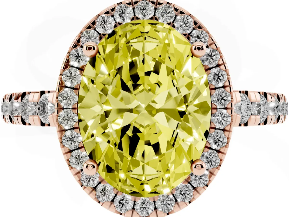 Fancy Yellow Oval Cut Diamond Halo Ring with Pavé Band and Four-Prong Setting Rose gold