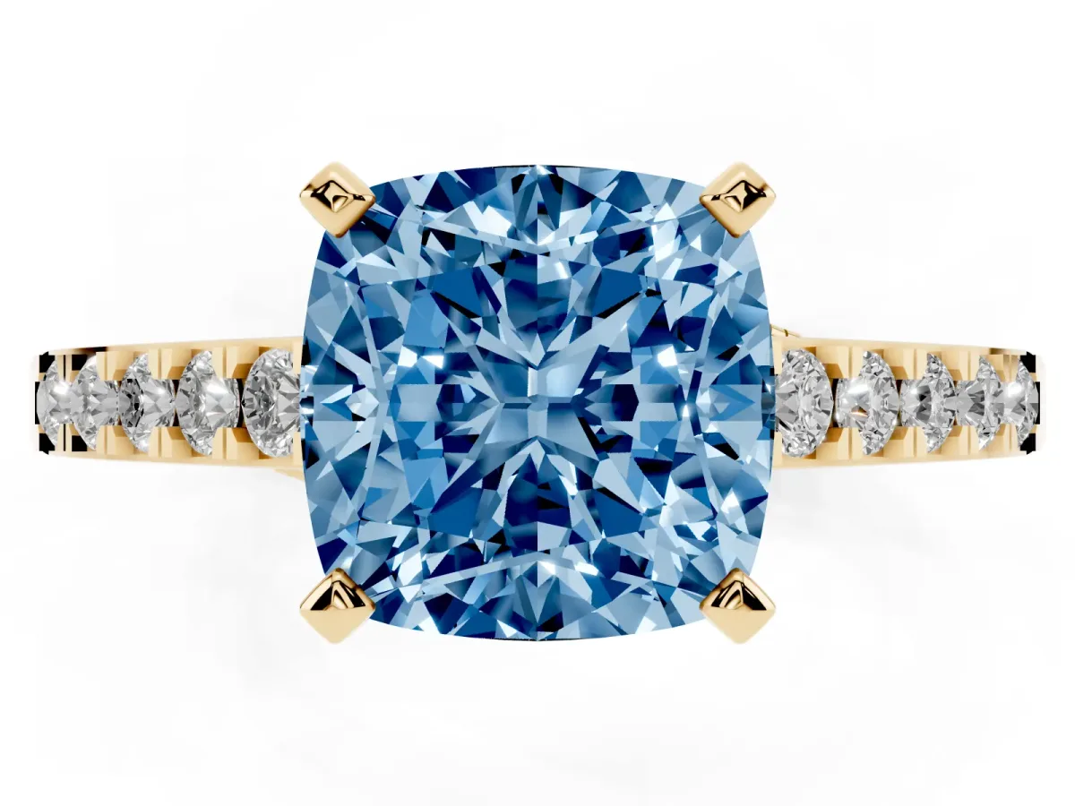 Fancy Blue Cushion Cut Diamond Solitaire Ring with Crossover Gallery and Round Pavé Band Yellow gold