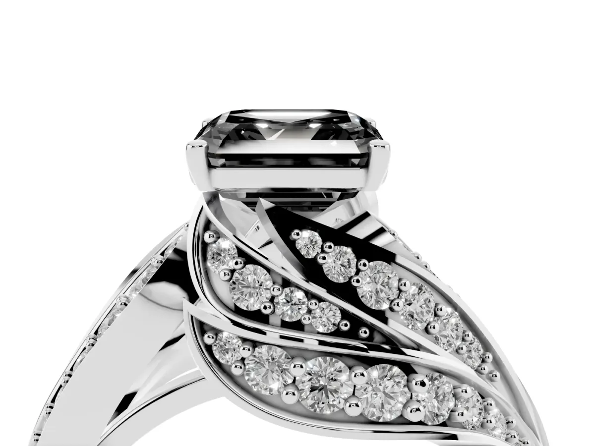 Fancy Black Asscher Cut Diamond Solitaire Ring with Prong Setting and Twisted Pavé Band Silver