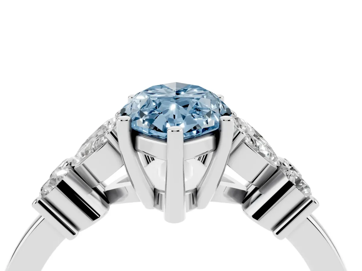 Fancy Blue Marquise Cut Diamond Floral Cluster Ring with Solitaire Band and Prong Setting Silver