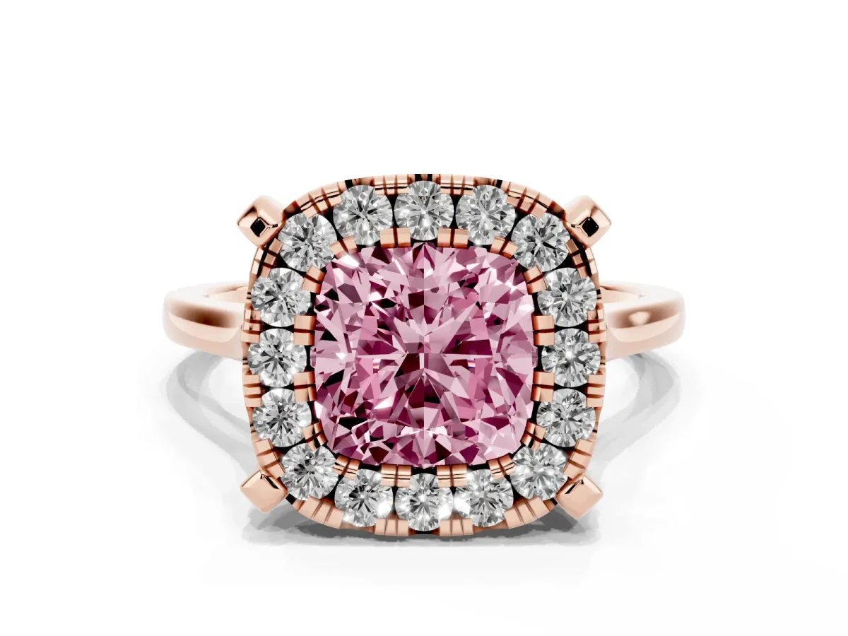 Fancy Pink Cushion Cut Diamond Cluster Halo Solitaire with Four-Prong Setting Rose gold