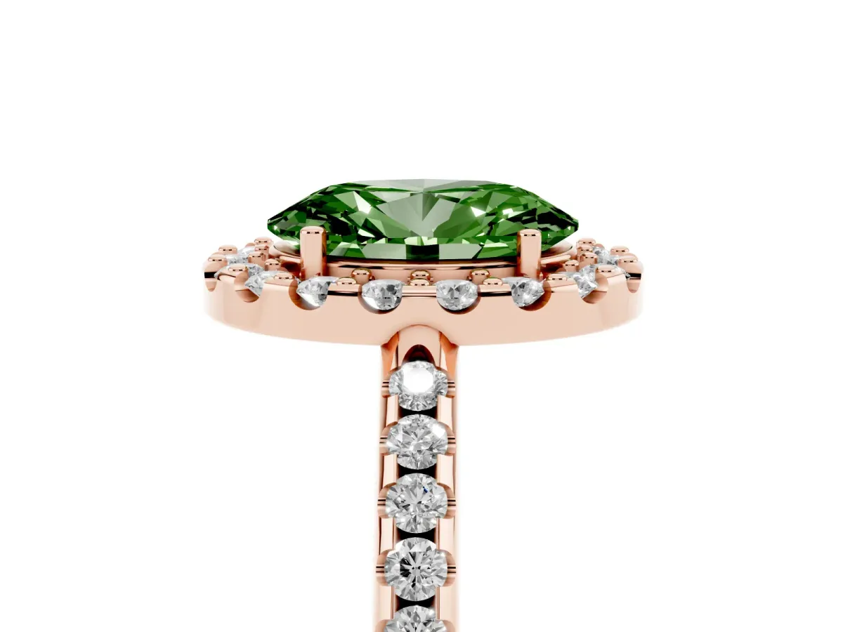 Fancy Green Oval Cut Diamond Pavé Halo Ring with Four-Prong Setting Rose gold