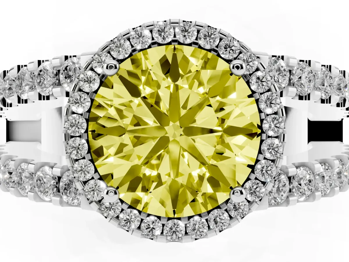 Fancy Yellow Round Cut Cut Halo Split Shank Diamond Ring with Four-Prong Setting Platinum