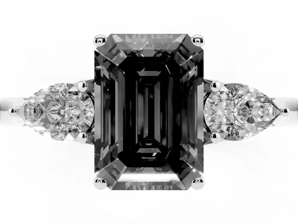 Fancy Black Emerald Cut Diamond Three-Stone Ring with Pear Side Stones and Prong Setting White gold