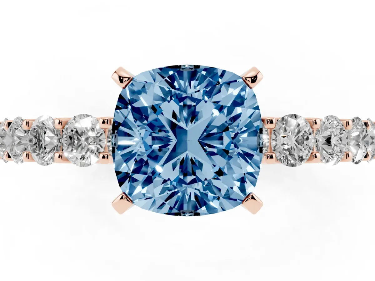 Fancy Blue Cushion Cut Diamond Solitaire Ring with Shared Prong Pavé Band and Four-Prong Setting Rose gold