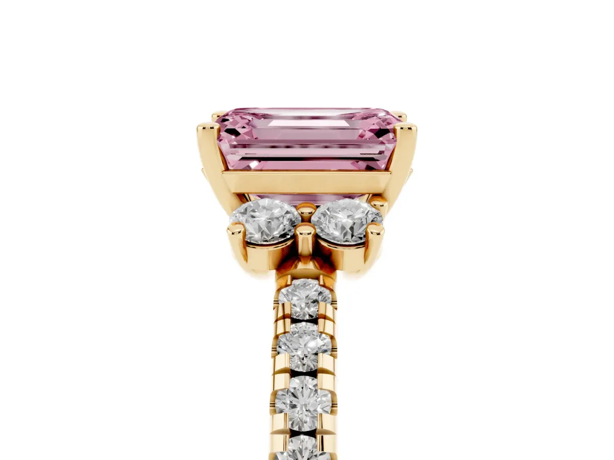 Fancy Pink Emerald Cut Diamond Three-Stone Pave Band with Four-Prong Setting Yellow gold