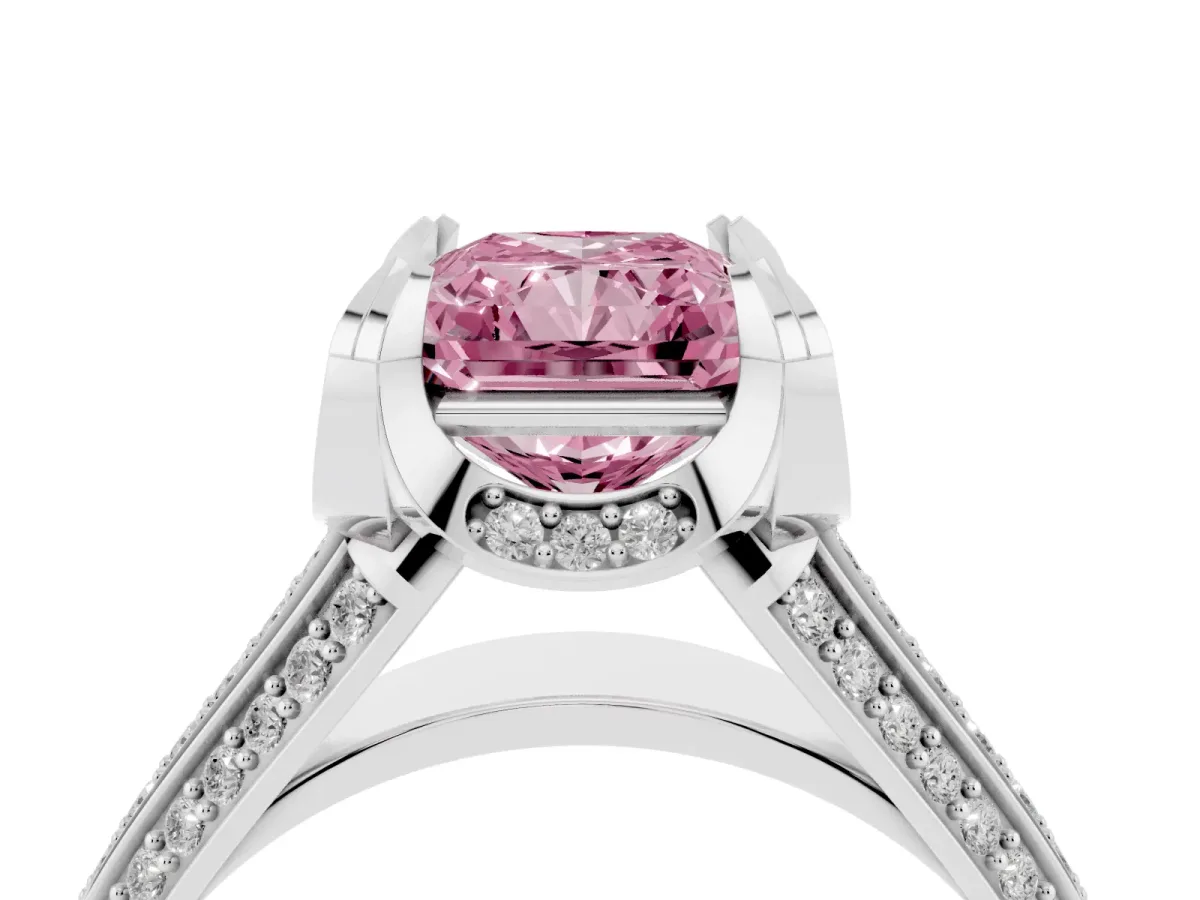 Fancy Pink Radiant Cut Solitaire Pave Split Shank Ring with Four-Prong Setting Silver
