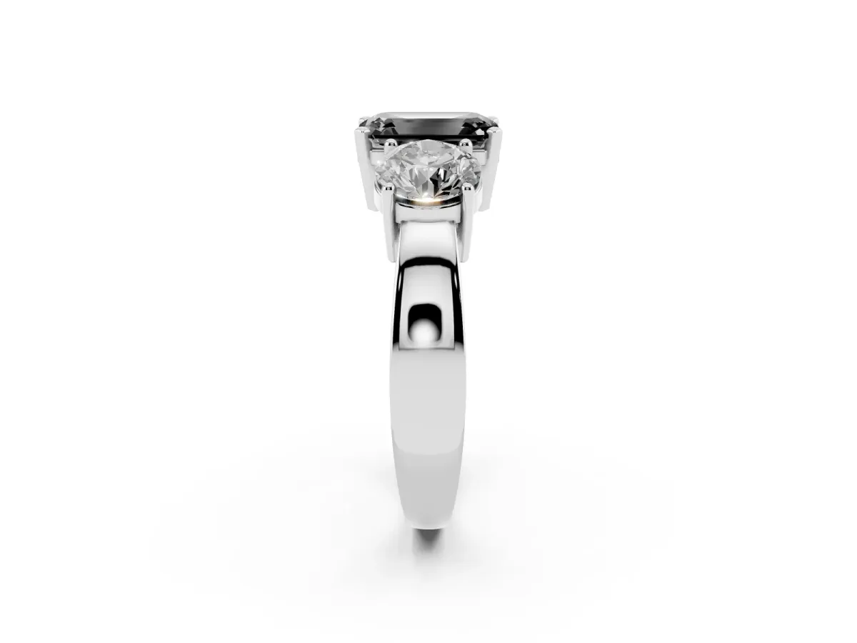 Fancy Black Three-Stone Emerald Cut Diamond Ring with Round Side Stones, Classic Band, and Four-Prong Setting Silver