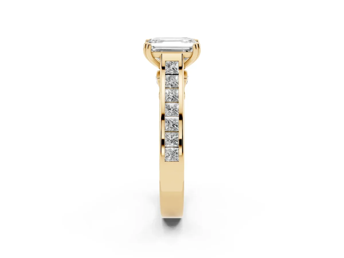 Emerald Cut Cut Channel Set Solitaire Engagement Ring with Prong Setting Yellow gold