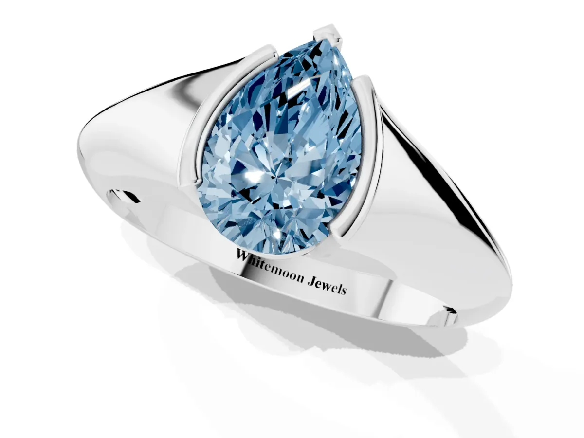 Fancy Blue Pear Cut Solitaire Tension Set Diamond Ring Silver
