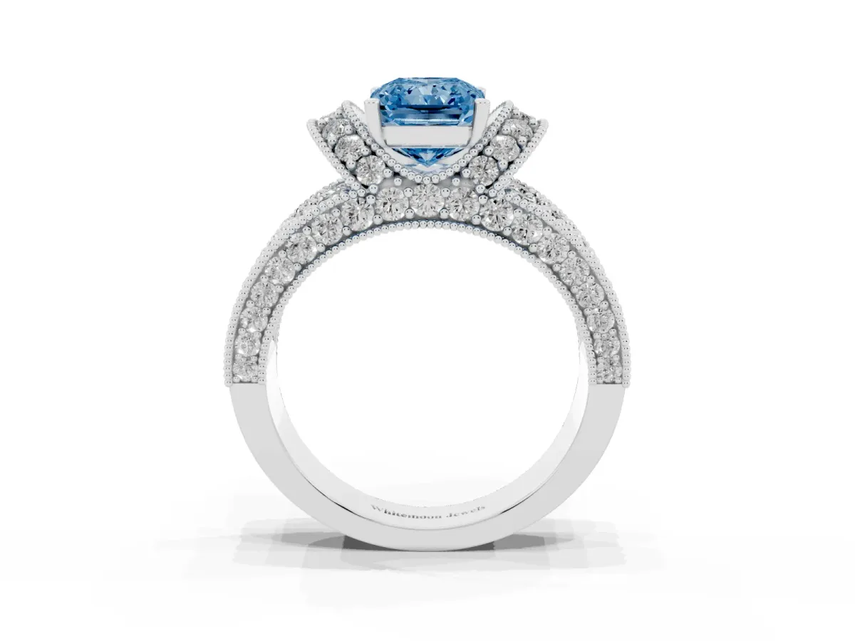 Fancy Blue Radiant Cut Halo Pave Diamond Engagement Ring with Milgrain Detailing Silver