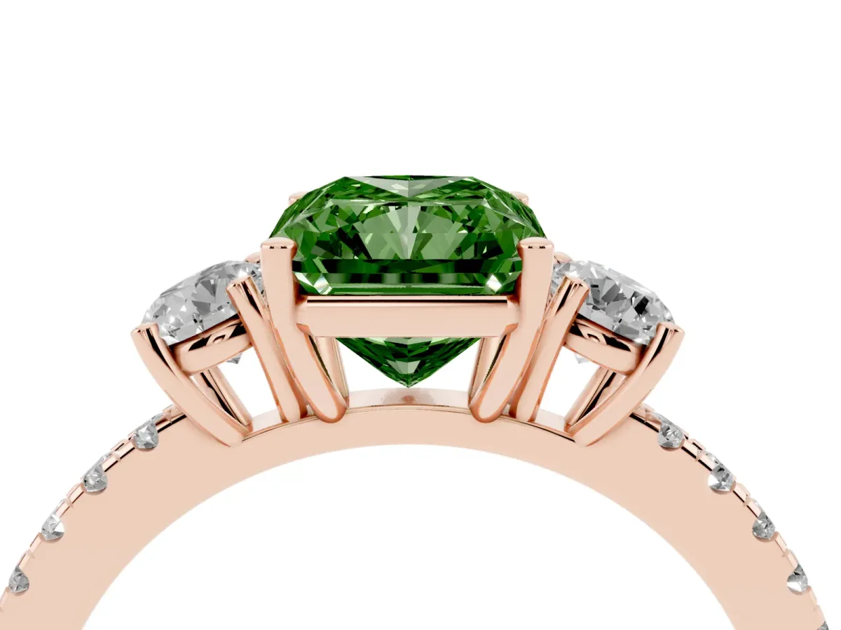 Fancy Green Three-Stone Radiant Cut Cut Diamond Pavé Band with Prong Setting Rose gold