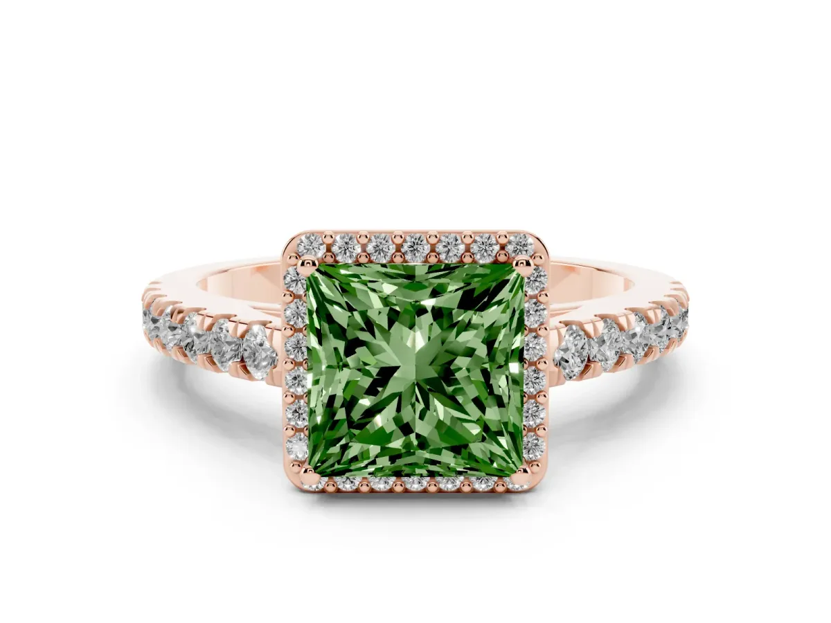 Fancy Green Princess Cut Cut Halo Diamond Engagement Ring with Pave Band and Four-Prong Setting Rose gold