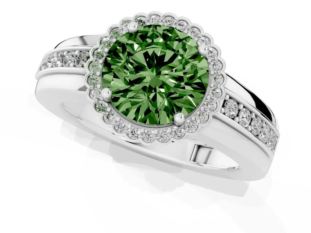 Fancy Green Round Cut Cut Halo Pave Band Four-Prong Ring Platinum