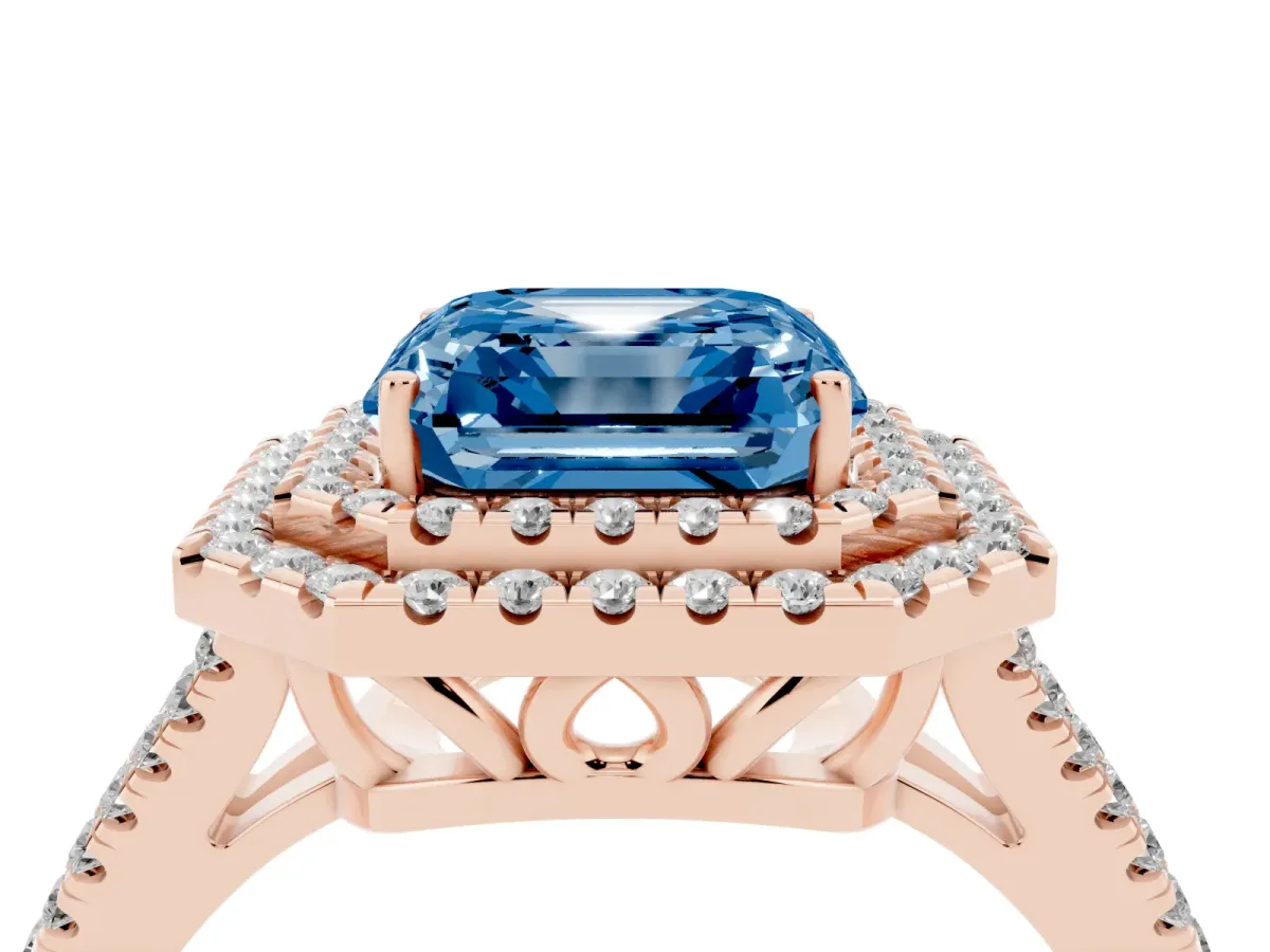 Fancy Blue Asscher Cut Diamond Double Halo Ring with Pavé Band and Prong Setting Rose gold