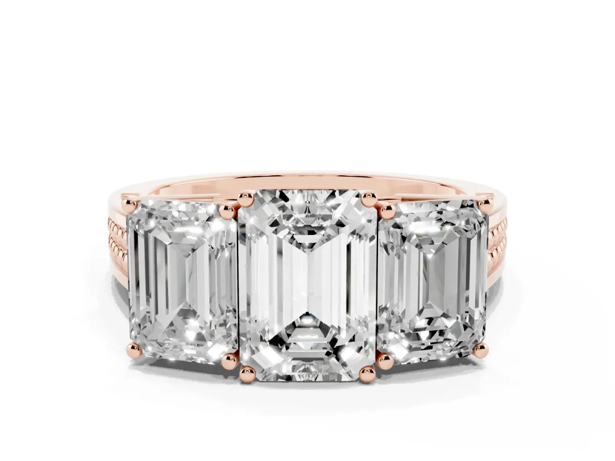 Emerald Cut Diamond Three-Stone Ring with Prong Setting and Textured Band Rose gold